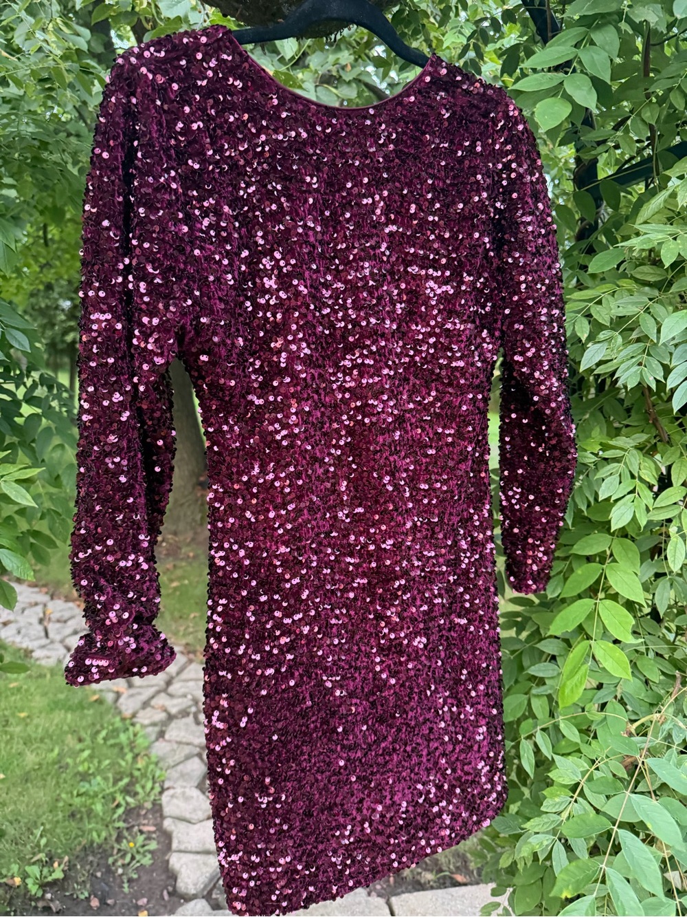 Sparkling Long-Sleeve Sequin Dress in Wine